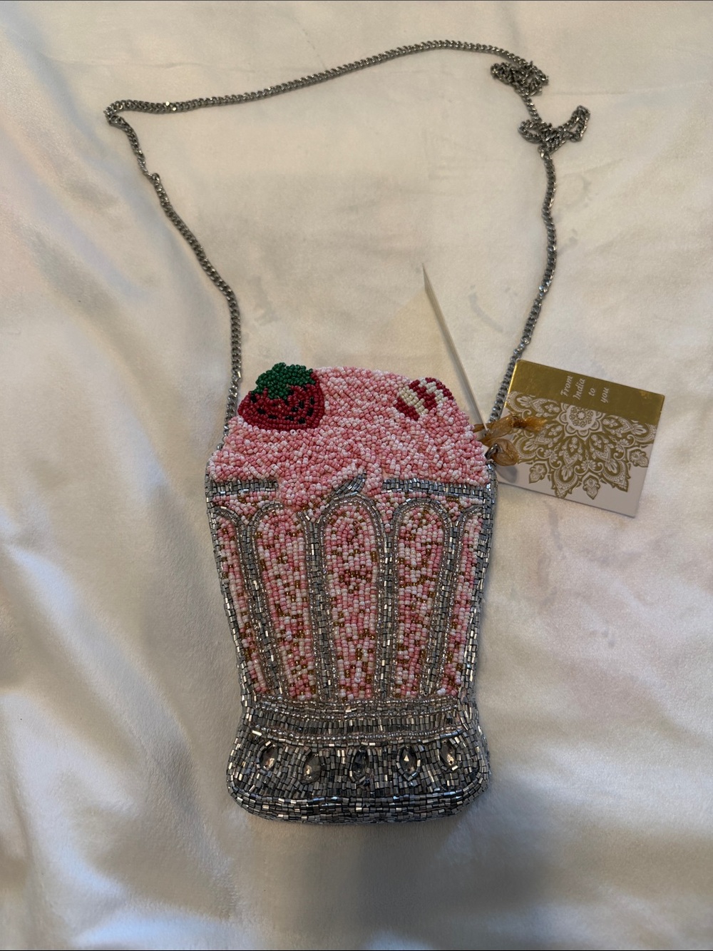Beaded Pink Milkshake Crossbody Bag with Chain Strap